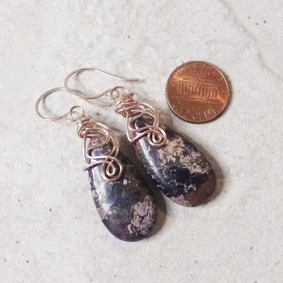 Wire Wrapped Beauties! Purple & Plum Sea Sediment Jasper Teardrop + Rose Gold - Picture 3 of 11